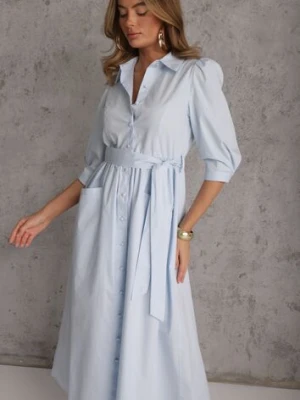 Niebieska Bawełniana Sukienka Koszulowa w Stylu Retro z Wiązanym Paskiem Meresa bisou's project