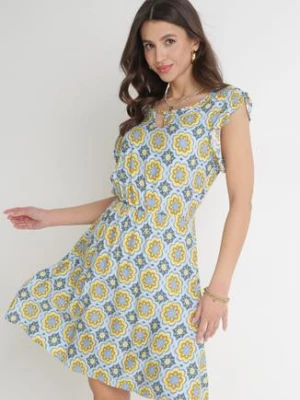 Niebiesko-Żółta Bawełniana Sukienka Mini z Gumką w Talii Caara