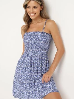 Niebieska Bawełniana Sukienka na Regulowanych Ramiączkach z Elastycznym Dekoltem Risetta defox