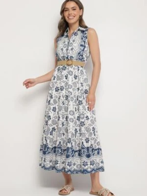 Niebieska Bawełniana Sukienka o Koszulowym Kroju Bez Rękawów z Paskiem Mirulenia rosa