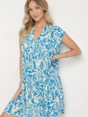 Niebieska Bawełniana Sukienka o Kroju Oversize w Ornamentny Wzór Izelona defox