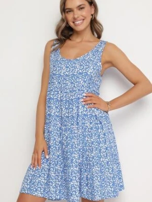 Niebieska Bawełniana Sukienka o Rozkloszowanym Kroju z Geometrycznym Wzorem Natiriana defox