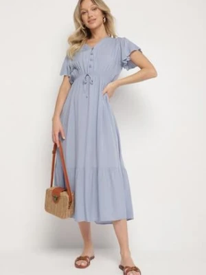 Niebieska Bawełniana Sukienka o Rozkloszowanym Kroju z Wiązaniem w Talii Folarina defox