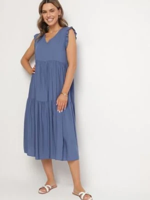 Niebieska Bawełniana Sukienka Ozdobiona Falbankami Aveliova defox