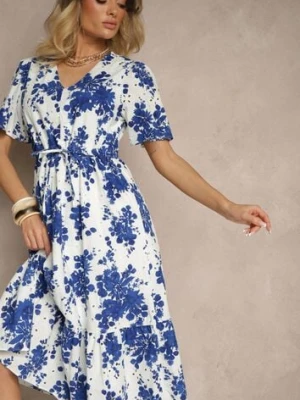 Niebieska Bawełniana Sukienka Rozkloszowana Ażurowa w Kwiatowy Print Velbia rosa