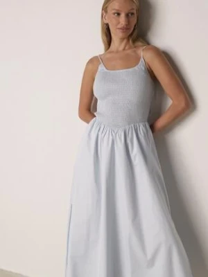 Niebieska Bawełniana Sukienka Rozkloszowana z Elastyczną Górą i Wiązanymi Ramiączkami Nyphea elsa.m by may