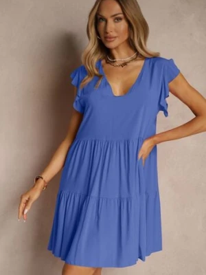Niebieska Bawełniana Sukienka Rozkloszowana z Falbankami Mirlio defox