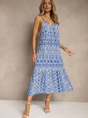 Niebieska Bawełniana Sukienka w Geometryczny Wzór Koloniela defox