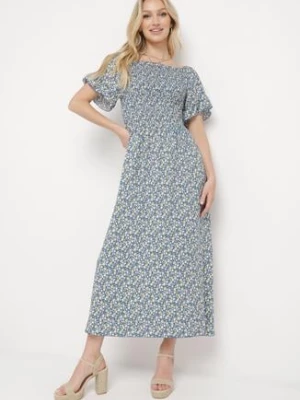 Niebieska Bawełniana Sukienka w Kwiatki z Hiszpańskim Elastycznym Dekoltem Bleriama defox
