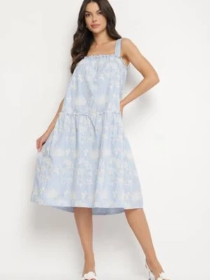 Niebieska Bawełniana Sukienka w Kwiaty Ozdobiona Marszczeniem Lilinoa rosa