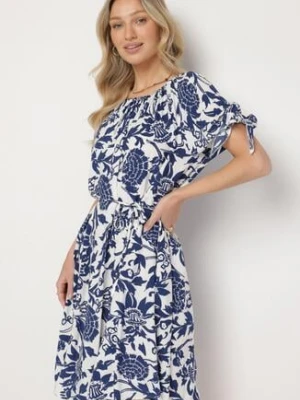 Niebieska Bawełniana Sukienka w Ornamentalne Rośliny z Wiązaniem Przy Rękawach Tosvena generation
