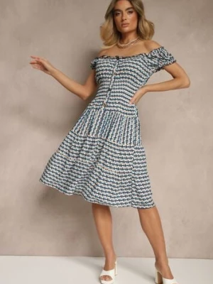 Niebieska Bawełniana Sukienka z Bufiastymi Rękawami i Guzikami Ronimera defox