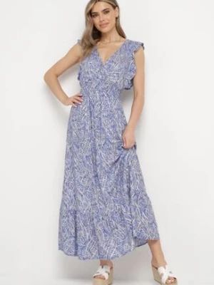Niebieska Bawełniana Sukienka z Metalicznym Nadrukiem z Gumkami w Pasie z Kopertowym Dekoltem Folia