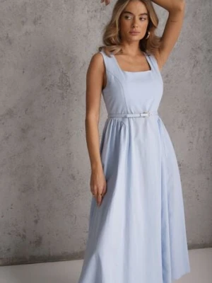 Niebieska Bawełniano-Wiskozowa Sukienka na Szerokich Ramiączkach z Wąskim Paskiem Alcassa elsa.m by may