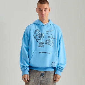Niebieska bluza z kapturem i rysunkowym nadrukiem House