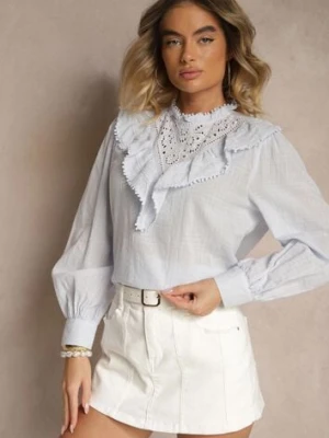 Niebieska Bluzka z Bawełny Zdobiona Ażurowym Haftem i Falbaną Nevole elsa.m by may