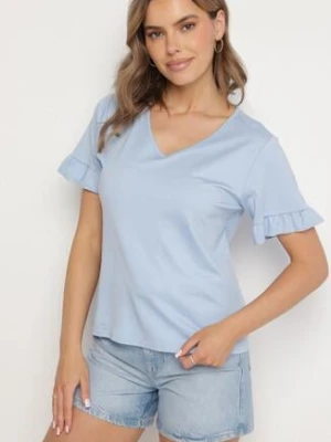 Niebieska Bluzka z Dekoltem w Serek z Wiskozą Zdobiona Falbankami przy Rękawach Aliriva new collection