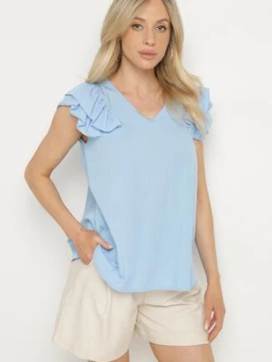 Niebieska Bluzka z Wiskozą Ozdobiona Falbankami Divestra j studio