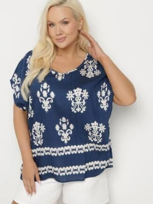 Niebieska Bluzka z Wiskozy we Wzór w Stylu Boho Lunaseia j&x