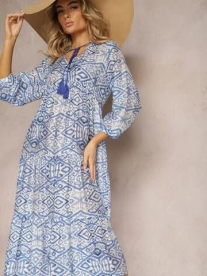 Niebieska Boho Sukienka o Rozkloszowanym Kroju z Wiązaniem przy Dekolcie i Falbankami Dimasie rosa