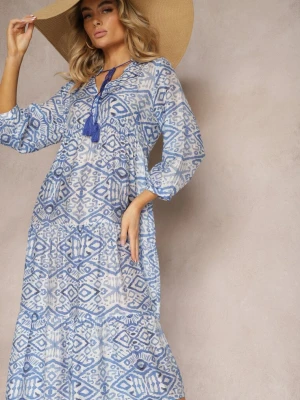 Niebieska Boho Sukienka o Rozkloszowanym Kroju z Wiązaniem przy Dekolcie i Falbankami Dimasie Rosa