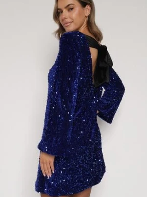 Niebieska Cekinowa Sukienka z Odkrytymi Plecami i Wiązaniem Diadina