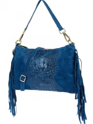 Niebieska damska włoska skórzana torebka frędzel pozioma niebieski Merg