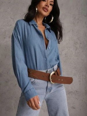 Niebieska Denimowa Koszula z Bawełną i Kieszonką Worimi