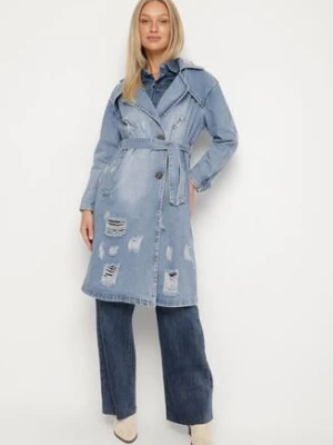 Niebieska Długa Kurtka Jeansowa Płaszcz Denimowy z Przetarciami i Wiązanym Paskiem Arinvi daysie