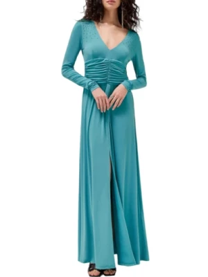 Niebieska Długa Sukienka Dzianinowa z Dekoltem V Blugirl