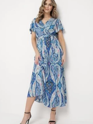 Niebieska Długa Sukienka z Wiskozy z Kopertową Górą i Geometrycznym Wzorem Amareth