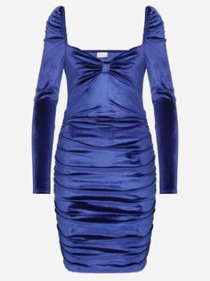 Niebieska Dopasowana Welurowa Sukienka Ozdobiona Marszczeniem Sopaliae