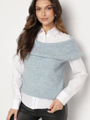 Niebieska Dzianinowa Bluzka Top z Hiszpańskim Dekoltem z Wełną Inathiel acajo