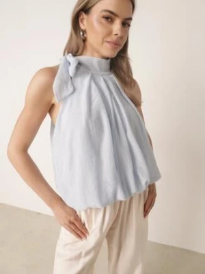 Niebieska Elegancka Bluzka z Wiskozy Ozdobiona Wiązaniem Nemereia jumelle