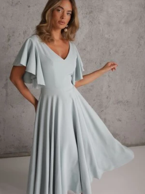 Niebieska Elegancka Sukienka Rozkloszowana Zdobiona Falbanami na Ramionach Nessaza Vices