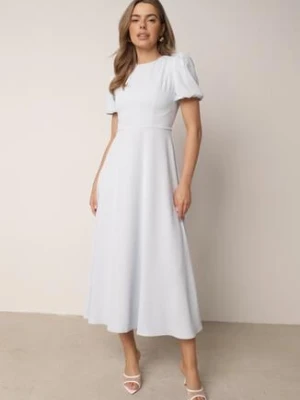 Niebieska Elegancka Sukienka VICES o Rozkloszowanym Kroju z Krótkim Rękawem Aezith