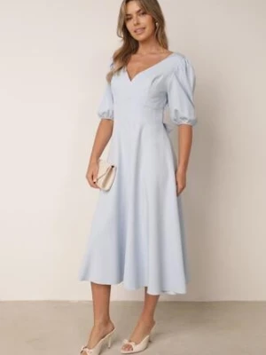 Niebieska Elegancka Sukienka z Bufiastymi Rękawami i Wiązaniem na Plecach Zeepy Vices