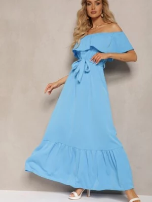 Niebieska Hiszapanka Sukienka o Rozkloszowanym Fasonie z Falbanką Naviara