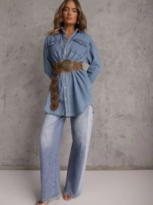 Niebieska Jeansowa Bawełniana Sukienka Koszulowa z Wiązaniem i Marszczeniem Enatta milas91