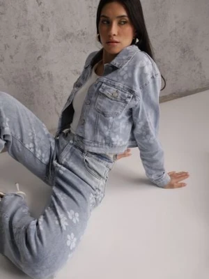 Niebieska Jeansowa Kurtka Cropped z Bawełną i Wiskozą w Kwiatowy Print Malwira hello miss