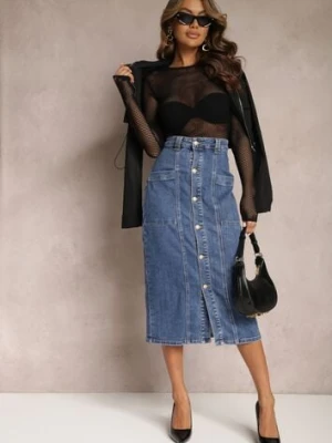 Niebieska Jeansowa Spódnica Midi Zapinana na Guziki Mimmera m.sara