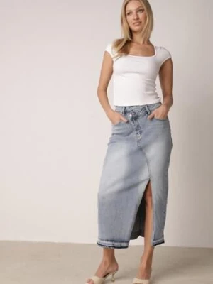 Niebieska Jeansowa Spódnica z Bawełną Wysokim Stanem i Rozcięciem na Nogę Vikinori