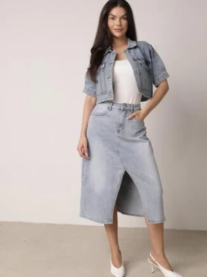 Niebieska Jeansowa Spódnica z Bawełną Wysokim Stanem i Rozcięciem z Przodu Cannate milas91