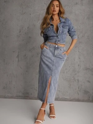 Niebieska Jeansowa Spódnica z Bawełny Zdobiona Printem w Romby i Rozcięciem Chrissna milas91