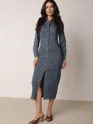 Niebieska Jeansowa Sukienka Koszulowa o Taliowanym Kroju Neveala bisou's project