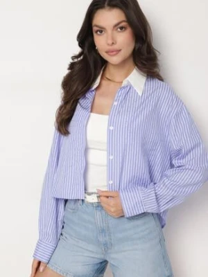 Niebieska Klasyczna Koszula w Paski Ozdobiona Kieszeniami i Cyrkoniami Zandrea rosa