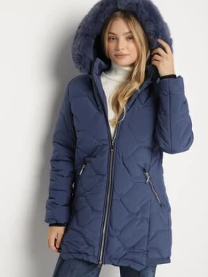 Niebieska Klasyczna Kurtka z Pikowanymi Przeszyciami i Kapturem z Futerkiem Raffisa swest