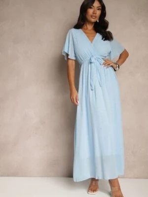 Niebieska Koktajlowa Brokatowa Sukienka z Paskiem Addlea j studio