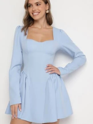 Niebieska Koktajlowa Sukienka o Rozkloszowanym Kroju z Falbankami i Gorsetem Farian allyson