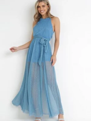 Niebieska Koktajlowa Sukienka z Gumką w Talii z Metaliczną Nicią Lilyan